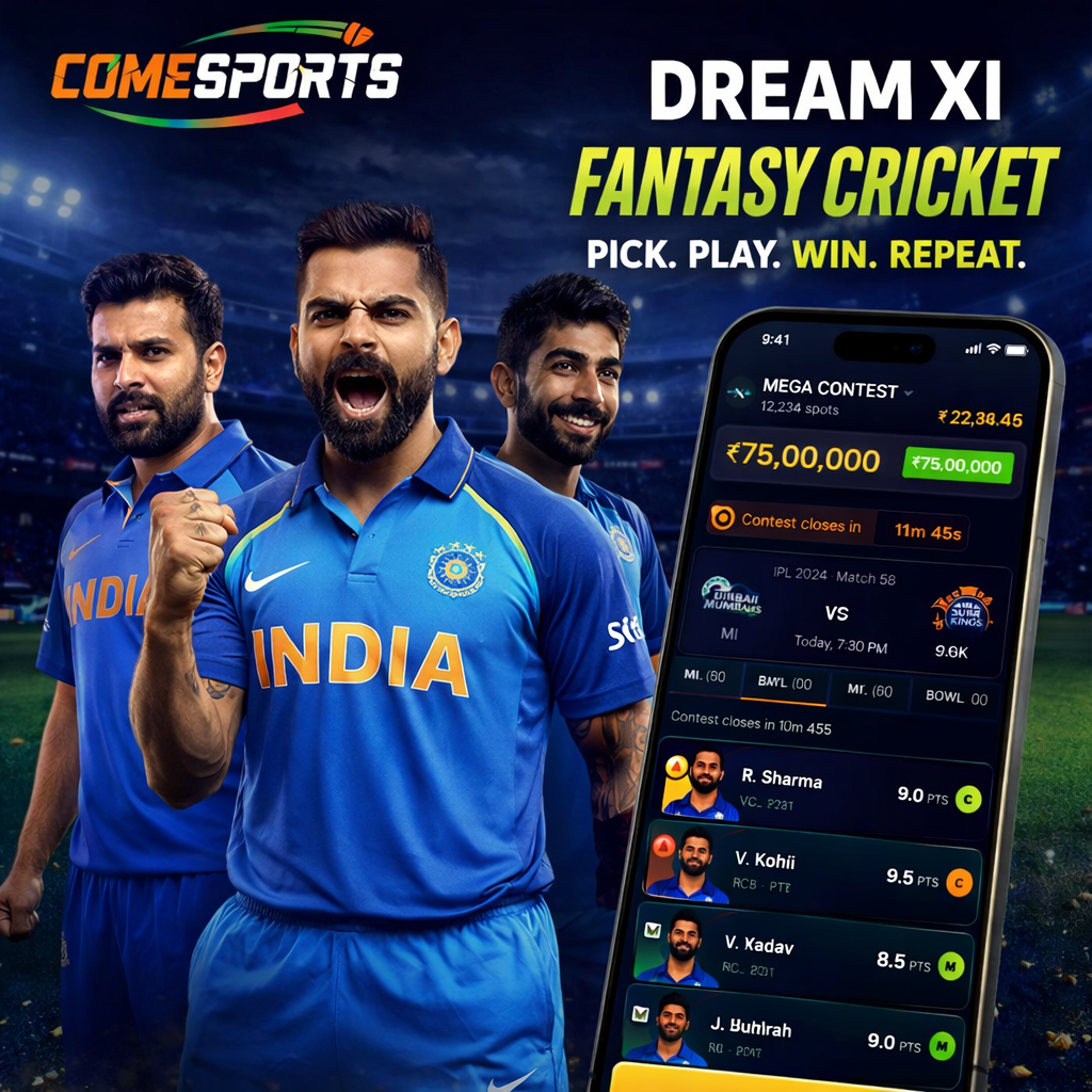 Come Mobile fantasy cricket and India team visual